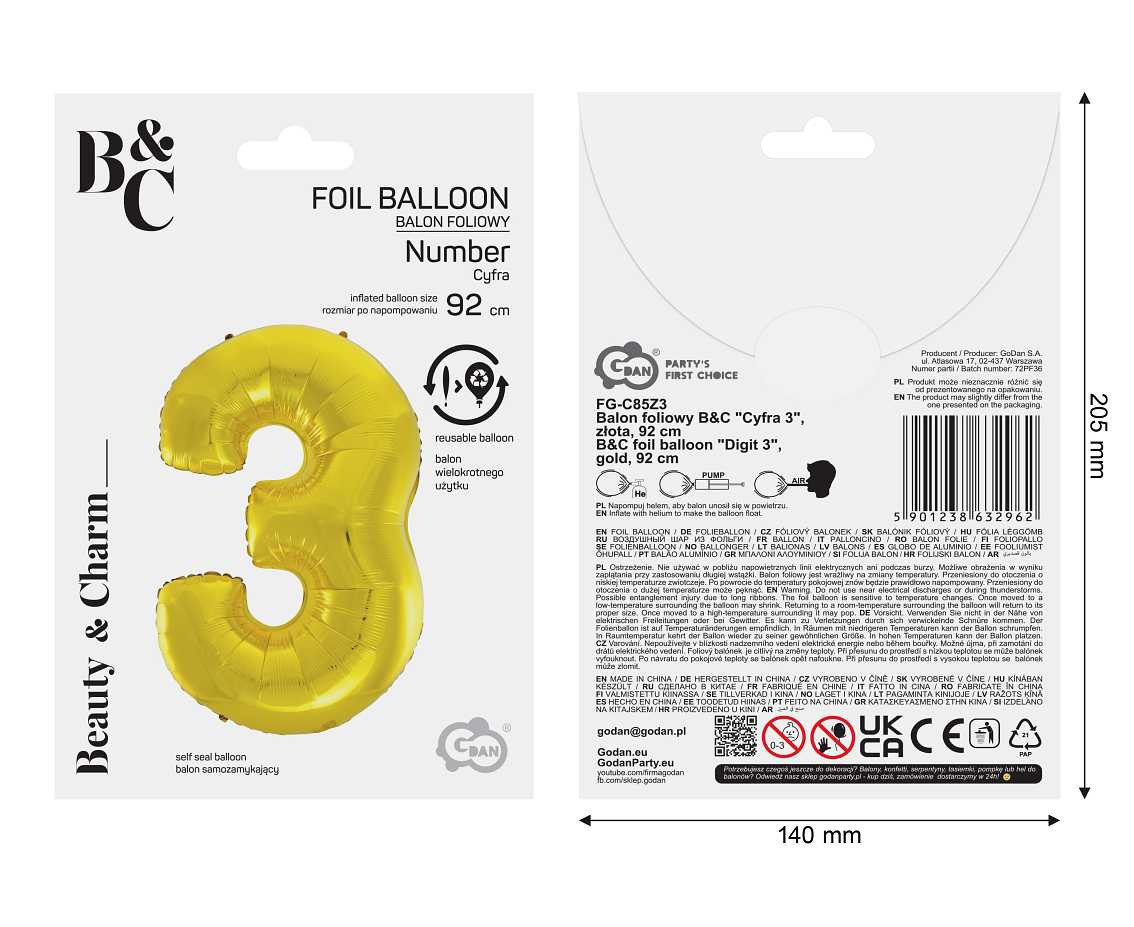 Foil balloon B&C digit 3, gold, 92 cm